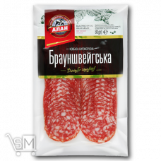 Колбаса «Алан» «Брауншвейгская» нарезка сырокопченая в/с 80г
