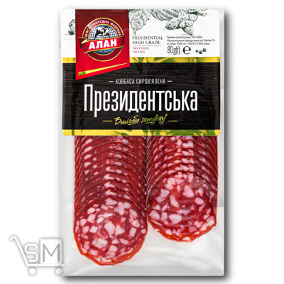 Сравнить цены на Ковбаса «Алан» «Президентська» сировялена нарізка в/ґ 80г
