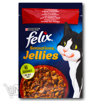 Сравнить цены на Корм «Felix» «Sensations Jellies» с говядиной в желе с томатами для котов 85г