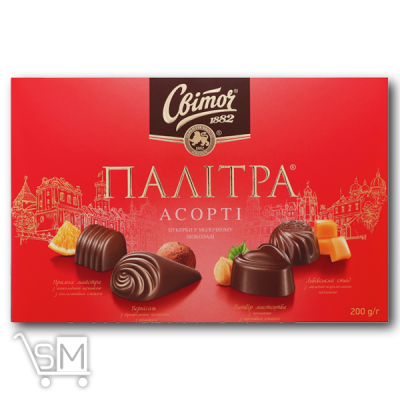 Сравнить цены на Конфеты «Світоч» «Палитра Ассорти» в молочном шоколаде 200г