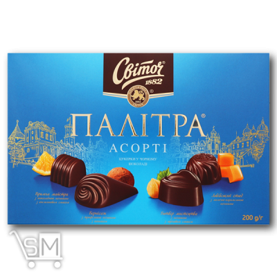 Сравнить цены на Конфеты «Світоч» «Палитра Ассорти» в черном шоколаде 200г