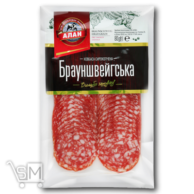 Сравнить цены на Колбаса «Алан» «Брауншвейгская» нарезка сырокопченая в/с 80г