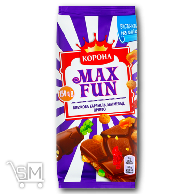 Сравнить цены на Шоколад «Корона» «Max Fun» молочний з вибуховою карамеллю мармеладом та печивом 150г