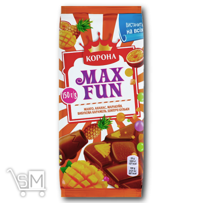 Сравнить цены на Шоколад молочний «Корона» «Max Fun» манго ананас маракуйя вибухова карамель та шипучі кульки 160г