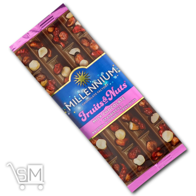 Сравнить цены на Молочний шоколад «Millennium» «Fruits & Nuts» з мигдалем, цілими лісовими горіхами, журавлиною та родзинками 90г