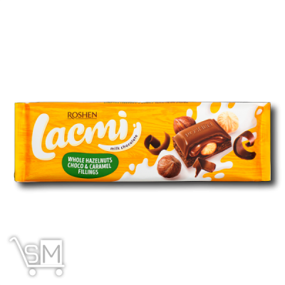 Сравнить цены на Шоколад молочный Roshen Lacmi с цельными лесными орехами, карамелью и шоколадной начинкой 295г