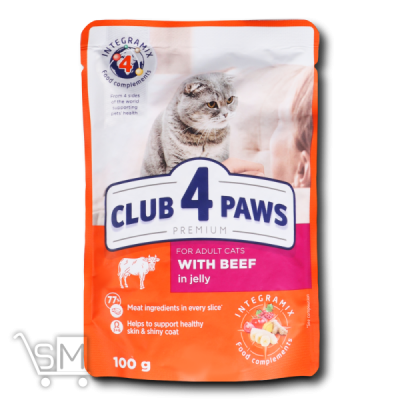 Сравнить цены на Корм «Club 4 paws» «Premium» С говядиной в желе для взрослых котов 100г