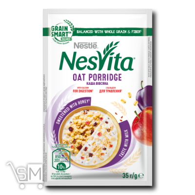 Сравнить цены на Каша Nesvita вівсяна з пшеничними пластівцями, шматочками яблук, сливи та насінням льону 35г