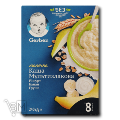 Сравнить цены на Каша «Gerber» молочная мультизлаковая с йогуртом, бананом и грушей 240г