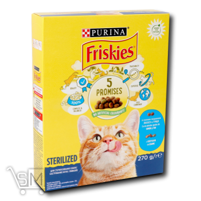 Сравнить цены на Корм сухой Friskies Sterilised для стерилизованных кошек и кастрированных котов с лососем и овощами 270г