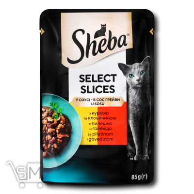 Сравнить цены на Корм Sheba Select Slices с курицей и говядиной в соусе для взрослых кошек 85г