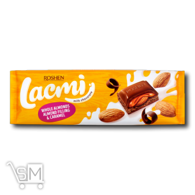 Сравнить цены на Шоколад молочний «Roshen» «Lacmi» з цілим мигдалем, мигдальною начинкою та карамеллю 300г