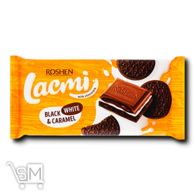 Сравнить цены на Шоколад молочний «Roshen» «Lacmi» з молочною начинкою, карамеллю та печивом з какао 120г