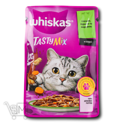 Сравнить цены на Корм Whiskas Tasty Mix Ягня та курка з морквою в соусі для дорослих котів 85г