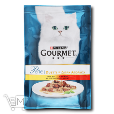 Сравнить цены на Корм для дорослих котів GOURMET PERLE DUO міні філе у підливці з куркою та яловичиною 85г