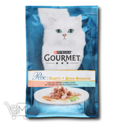 Сравнить цены на Корм для взрослых котов «Gourmet» «Perle Duo» филе в подливке С лососем и сайдой 85г